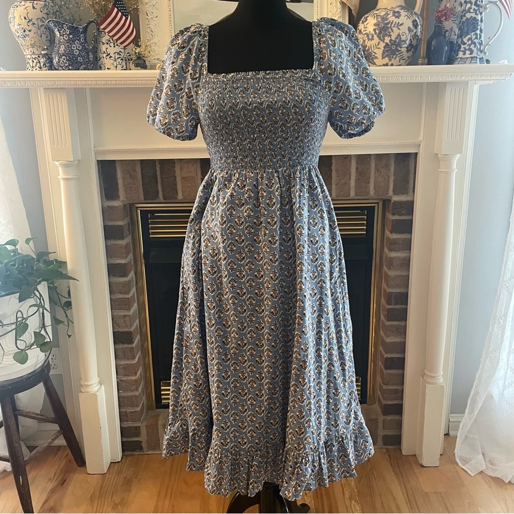 J. Crew Blue Floral Milkmaid Midi Dress with Puff Sleeves Size XS
